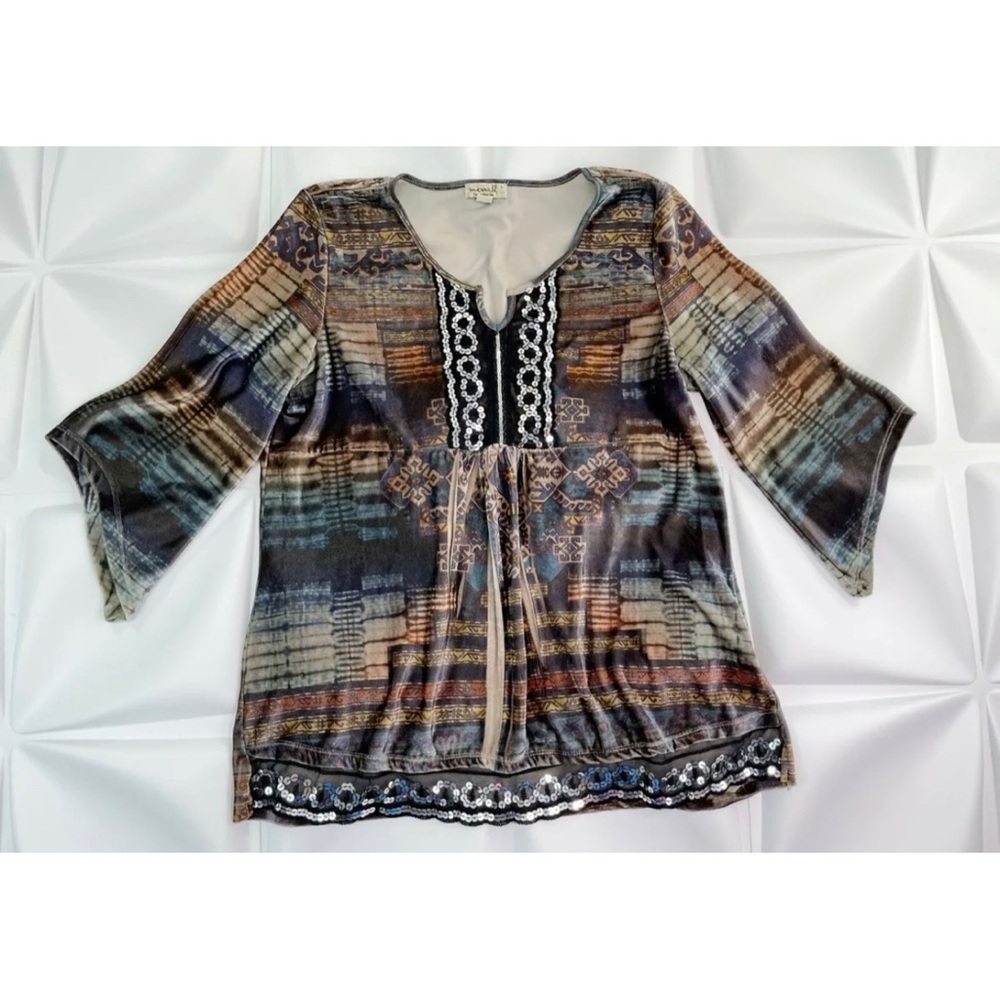 One World Womens Sz L Velvet Velour Sequin Tunic Top Blouse Stretch